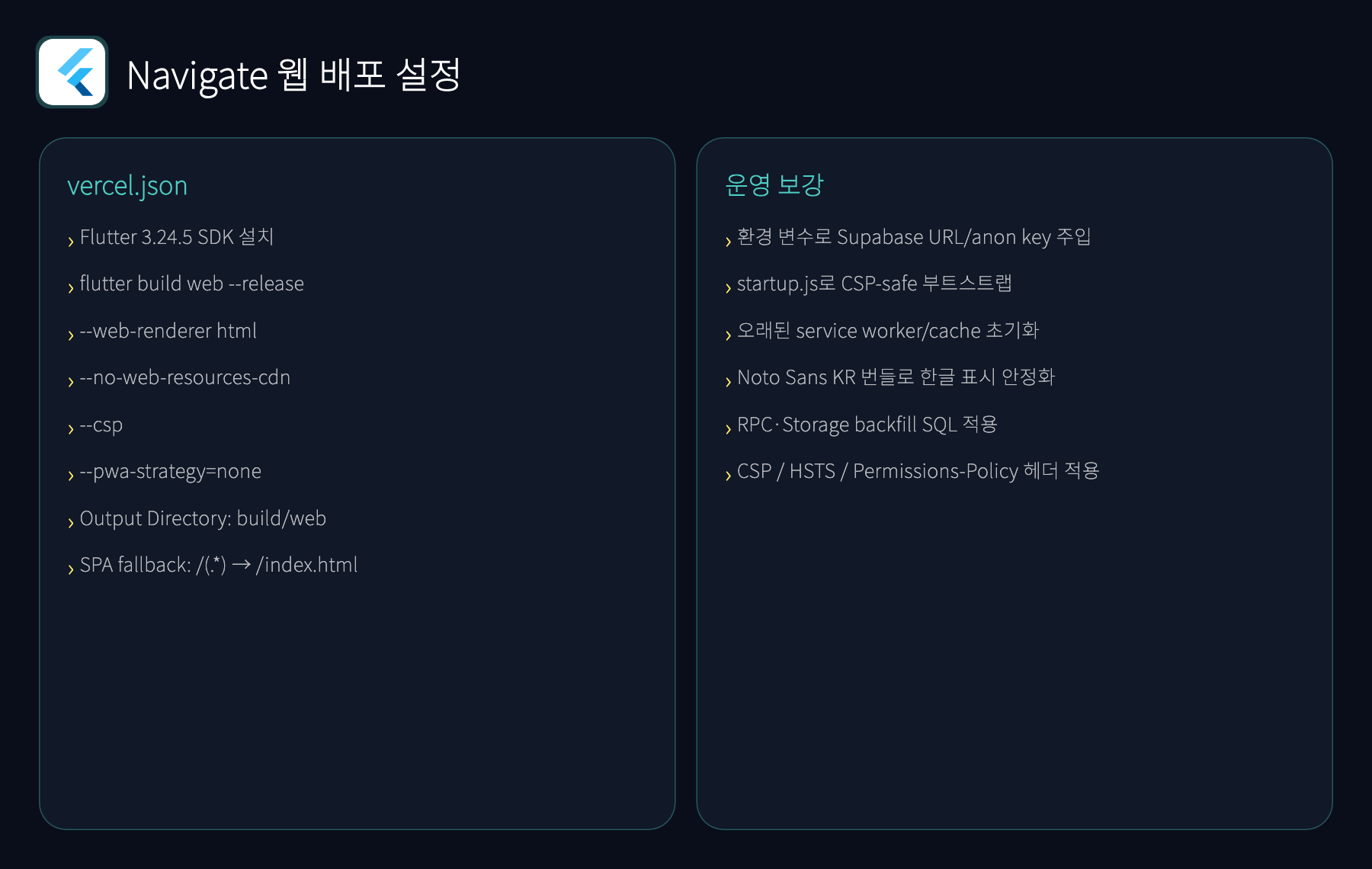 Navigate 웹 배포 설정 요약